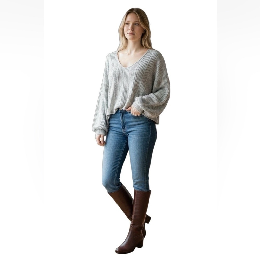 ZAFUL M Gray Chenille Cropped Sweater Puff Sleeve R $39
